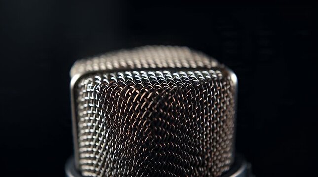 Close-up view of a silver microphone grid against a dark background, capturing sound with precision and clarity