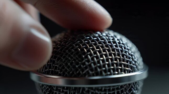 A hand holding a microphone with a mesh grille and metal body in a dark environment from a close-up viewpoint