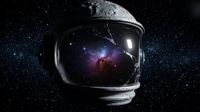 Astronaut helmet cracked in outer space with galaxy reflection.