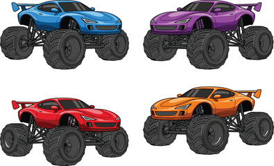 Colorful monster truck sports cars illustration set, powerful off-road racing vehicles with oversized tires, dynamic cartoon vector design © Asha Creatives
