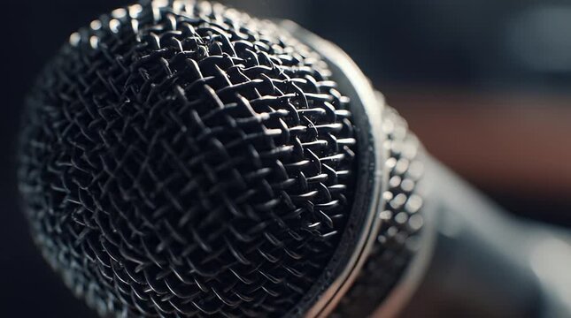A close-up view of a microphone grid on a blurred background, capturing the intricate mesh details.