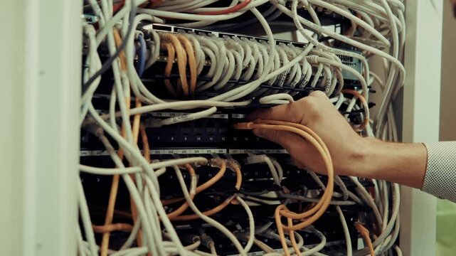 Network Engineer Organizing Messy Ethernet Cables. Hardware Infrastructure