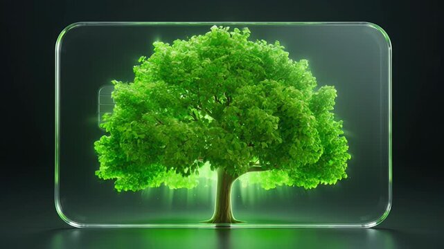 Green tree emulating on clear debit card surface symbolizing sustainable banking trends