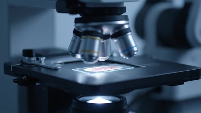 A close-up, static shot of a laboratory microscope over 8 seconds. Multiple objectives hover above an illuminated slide on the stage, suggesting ongoing scientific examination or research.