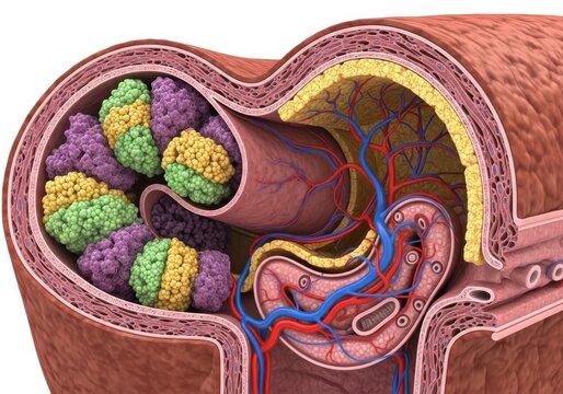 Detailed cross-section illustration depicts the structure of a functional biological secretory unit