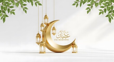 Golden crescent moon and lanterns with Eid Mubarak calligraphy and green leaves on a white background, symbolizing Islamic celebration.