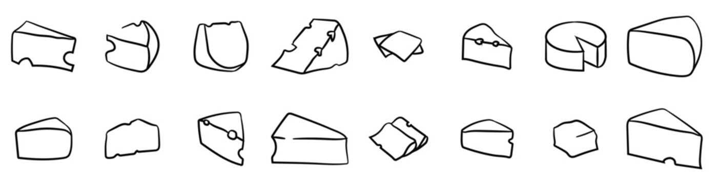 Cheese line icon set of Swiss cheese wedge, slice and wheel. Simple outline graphic for food, dairy products, Isolated on white vector illustration.