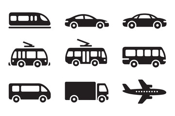 Obraz premium Side view transport silhouettes including modern cars buses trucks train and airplane for commercial use design