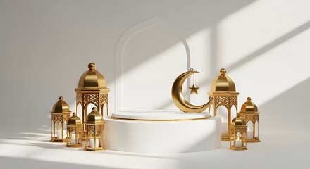 A white podium with golden crescent moon, star, and traditional lanterns, illuminated by soft sunlight for Islamic celebrations.