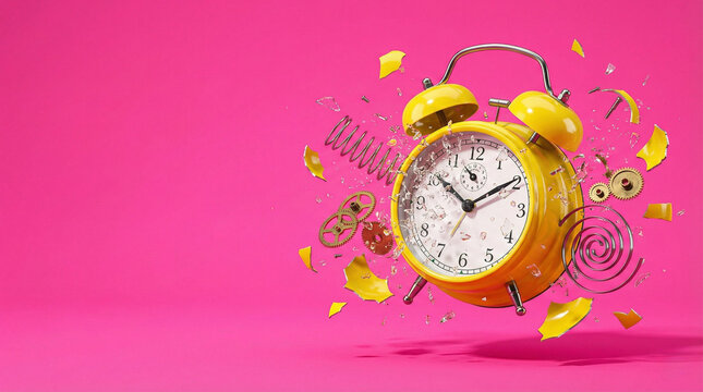 Yellow alarm clock exploding with gears and fragments on pink background  