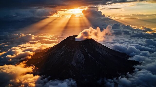 View of conical volcano rising above cloud layer with sun rays beaming through smoke
