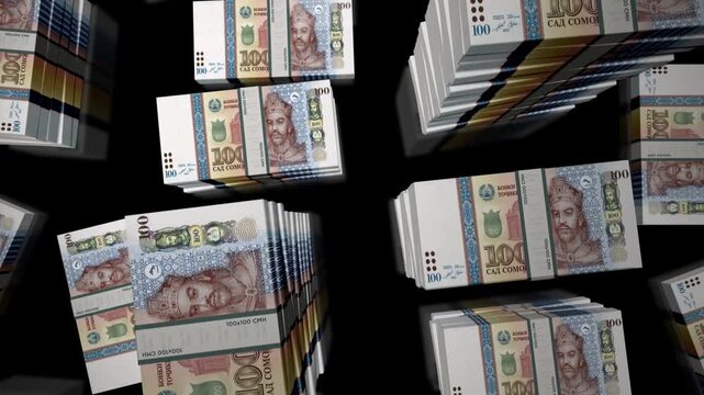 Tajikistan somoni Tajikistani money notes packs loop. 3D flight over 100 TJS banknotes stacks towers. Loopable seamless abstract background concept of business, economy crisis and finance.