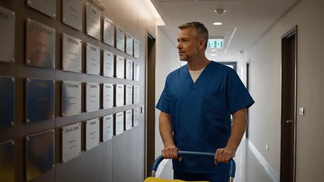 A worker in blue scrubs pushes a cleaning cart down a brightly lit corridor lined with nameplates, pausing to briefly touch one plaque on the wall.