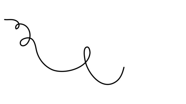 Scribbly stroke one line art animation, hand drawn wavy curly dividing element continuous drawing contour motion. Twiddle swirl separator curve strip with volutes and tendril outline video. 4k