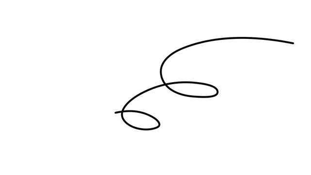 Scribbly stroke one line art animation, hand drawn wavy curly dividing element continuous drawing contour motion. Twiddle swirl separator curve strip with volutes and tendril outline video. 4k