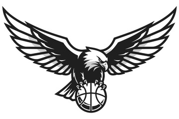 Obraz premium Dynamic Black and White Eagle Mascot Illustration Grasping a Basketball, Symbolizing Strength and Athleticism for a Sports Team Logo or Graphic Design Project