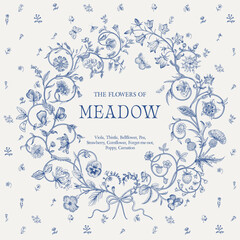 Obraz premium The Flowers of Meadow. Floral wreath. Vector vintage illustration. Inspired by the Renaissance. Blue and white