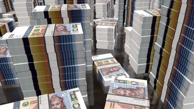 Tajikistan somoni Tajikistani money notes packs loop. 3D flight over 100 TJS banknotes stacks towers. Loopable seamless abstract background concept of business, economy crisis and finance.
