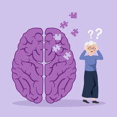 Elderly woman experiencing memory loss and cognitive decline with puzzle pieces symbolizing confusion. Alzheimer disease and dementia concept. Flat Style Vector Illustration.