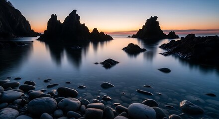 Serene Coastal Landscape at Dusk with Rock Formations and Reflections.