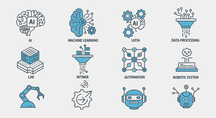 A collection of blue and grey line icons representing artificial intelligence, machine learning, data processing, automation, and robotics concepts.