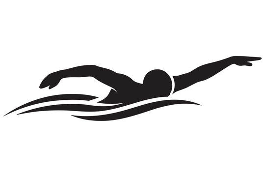 Sleek and dynamic black silhouette graphic depicting a dedicated swimmer executing a powerful freestyle stroke through water, perfect for athletic branding and aquatic event promotion