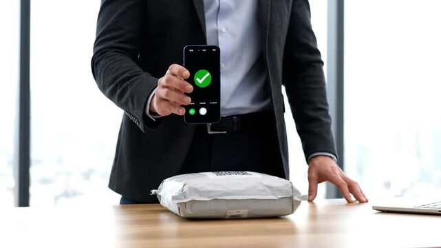 A businessman in a suit uses a smartphone to scan a package, displaying a green checkmark for successful verification or delivery confirmation in an office setting.