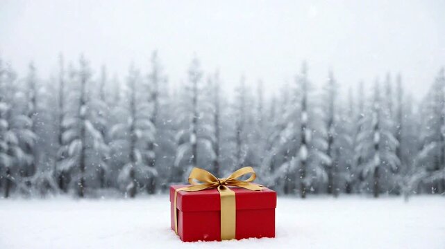 A vibrant red gift box sits beautifully in a snowy winter landscape, evoking festive cheer and celebration.