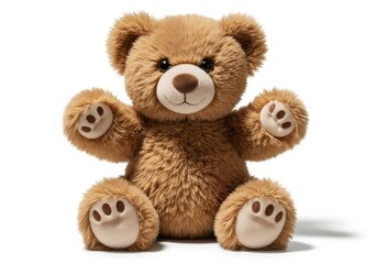 Fluffy brown stuffed animal sits with raised paws against a bright white background