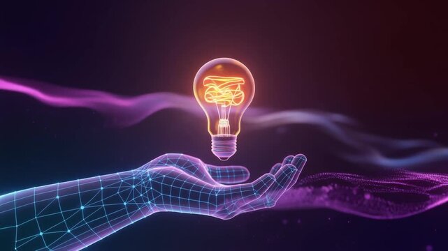 Wireframe hand holding a glowing incandescent light bulb with a swirling filament against a dark background with purple energy waves