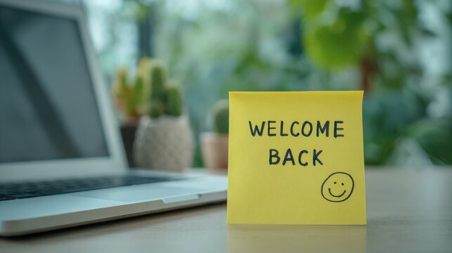 Yellow sticky note with handwritten welcome back message placed on a desk beside a laptop in a bright home office, symbolizing return to work.