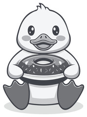 Cute cartoon duckling sitting and holding a delicious donut with colorful sprinkles
