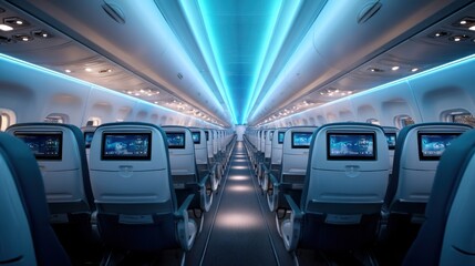 Obraz premium Interior of an empty airplane cabin with blue ambient lighting. Modern aircraft passenger seating and inflight entertainment screens.