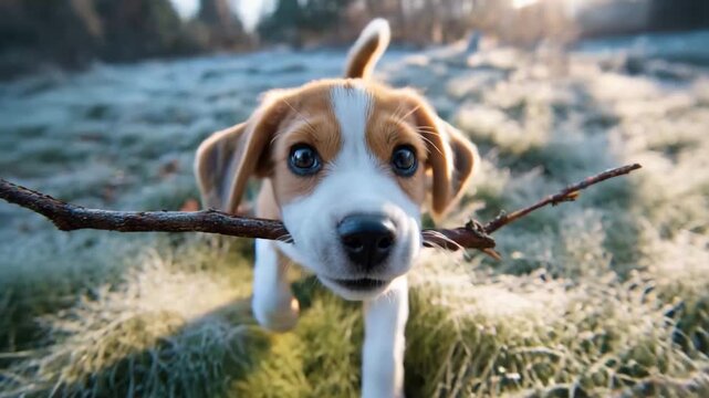 Cute young beagle dog carrying a stick in its mouth while running outdoors across frosty grass in early morning light.