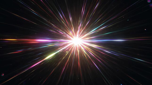 An abstract cosmic explosion of light with a bright white flash in the center and multicolored rays spreading out in all directions on a dark background.