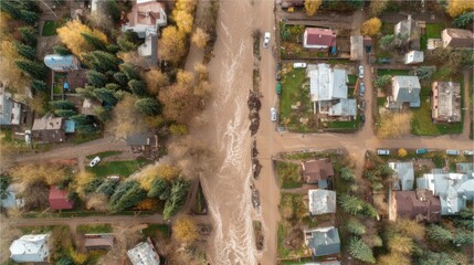 Aerial view of muddy river overflowing its banks, engulfing a street and houses. Concept of natural disaster and flood damage.