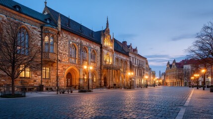 Fototapeta premium Old town square in europe with beautiful historic gothic architecture building at dusk. Illuminated street lamp on cobblestone road. Travel concept.