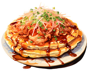 Okonomiyaki is a Japanese teppanyaki, savory pancake, delicious, appetizing, Asian food, isolated background.	