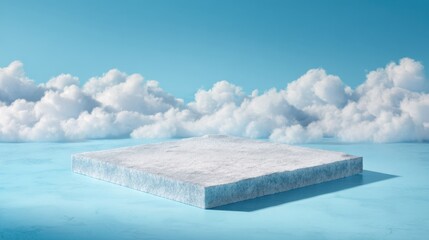 White square podium in a cloud scape with a blue sky. Product display stand with soft texture. Minimalist stage for presentation.