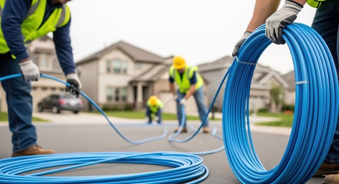 Workers in safety vests laying down blue cables on a suburban street  installing fiber optic or electrical wires