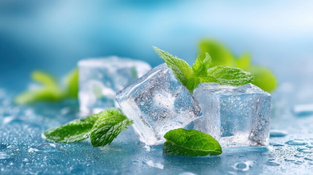 Ice cubes and fresh mint leaves on a wet blue surface. Refreshing drink ingredient for summer beverages, detox and healthy lifestyle.