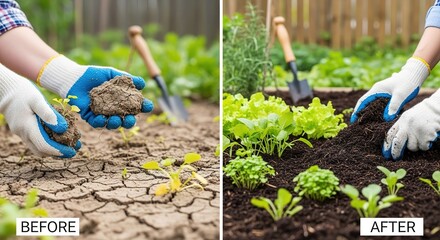 Fototapeta premium Gardening before and after dry cracked earth with young plants and healthy green plants with soil gardening transformation