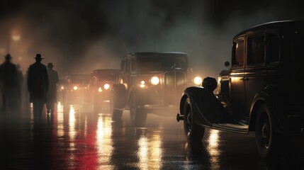 Men in trench coats and fedoras walking among vintage cars in heavy fog at night, a mysterious atmosphere from the 1920s or 1930s.