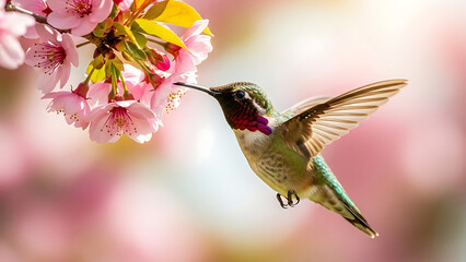 Obraz premium Hummingbird feeding on pink cherry blossoms in soft light 1