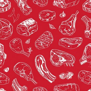 White line art of various cuts of meat on a red background