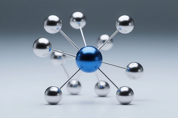 A 3D illustration of a molecular structure a central blue atom surrounded by silver atoms, representing scientific concepts and research.