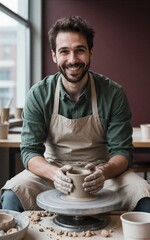Smiling potter shapes clay on wheel, hands covered in dust, apron over green shirt.