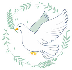 Obraz premium Stylized White Dove Flying with Olive Branch Surrounded by Greenery Peace Symbol Concept