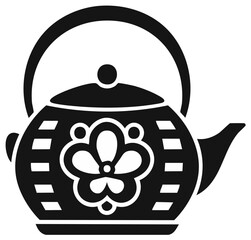Fototapeta premium Decorative tea pot silhouette illustration with floral design, black and white