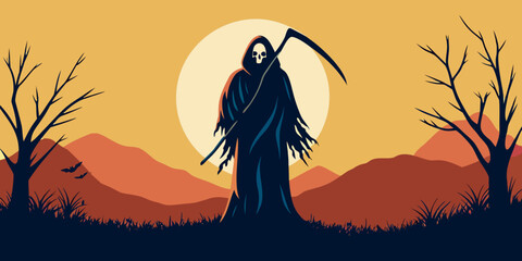 Grim reaper stands silhouetted against a large pale moon in a desolate landscape © Juran